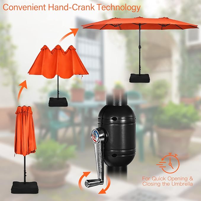 Tangkula 15FT Double-Sided Patio Umbrella with Base, Extra-Large Market Umbrella W/Crank System, Outdoor Twin Umbrella W/ 12-Rib Metal Structure & Air Vents for Garden, Backyard, Poolside (Orange)