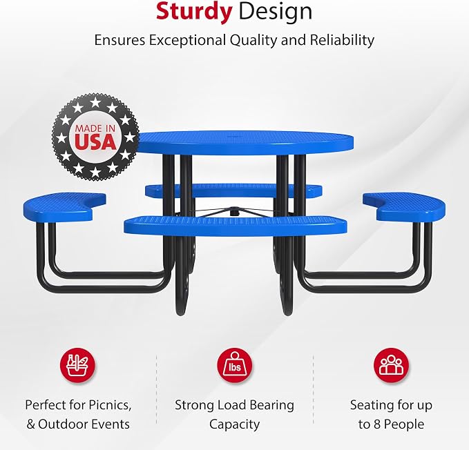 Leisure Craft Metal Picnic Table with Bench - 46" Round Outdoor Dining Table for 8 with Umbrella Hole, Weatherproof Heavy Duty Thermoplastic Coating, Commercial Grade Furniture Made in USA - Blue