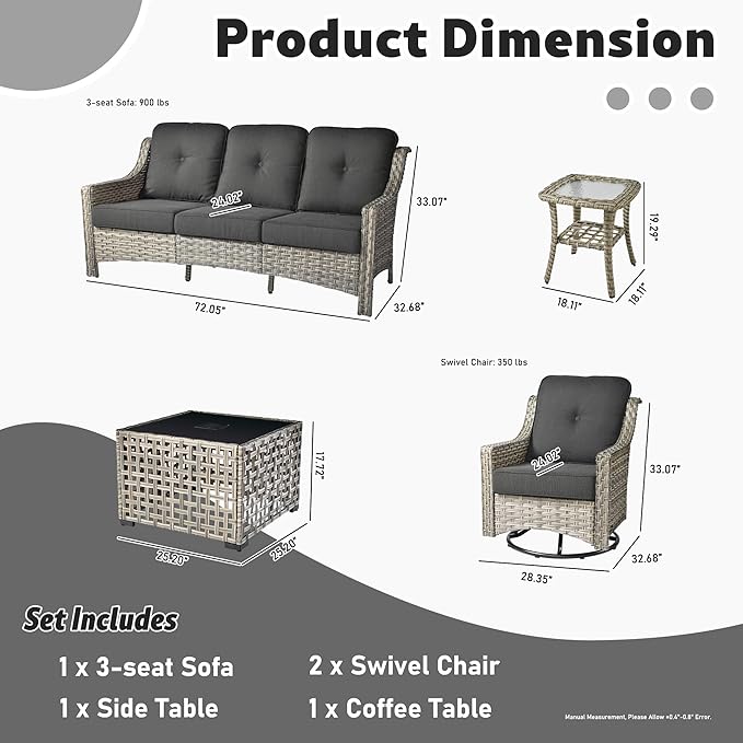 ovios 5 Piece Outdoor Patio Furniture with 3 Seat Sofa,Rattan Wicker Coversation Set with Swivel Rocking Chair,Balcony Sofa Set with Shiny Table for Outside Porch Backyard Pool, Black