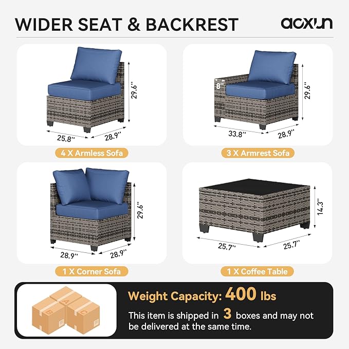 Aoxun Patio Furniture Set, 9 Pcs Outdoor Patio Furniture Sets with 4 in Thicken Cushion, Widen Armrests Wicker Outdoor Sectional for Backyard (Waterproof Cover Include)