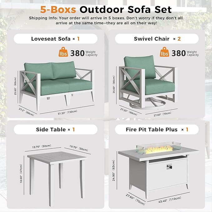 Aluminum 4-Seats Outdoor Patio Furniture Set with 43" Fire Pit Table, Sectional Conversation Sofa with 5.2" Thick Cushions & Swivel Rocking Chairs, Rust-Resistant Frame Sofa for Porch, Backyard, White