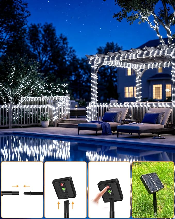 btfarm 2 Pack Solar Rope Lights Outdoor, 120LED 46FT Solar String Lights Outside Waterproof, 8 Lighting Modes Tree Trampoline Light Solar Powered for Garden Christmas Yard Party Decoration, Cool White