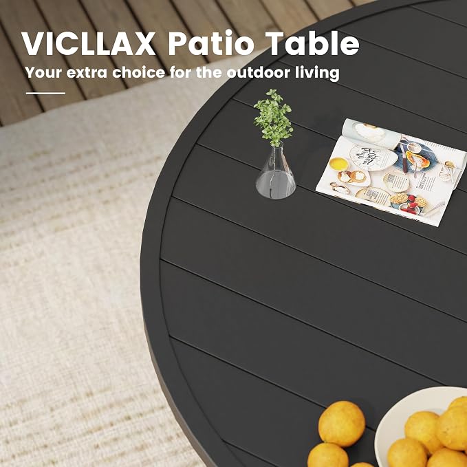 VICLLAX 60" Round Patio Table, Outdoor Dining Table for 8-10 with Umbrella Hole for Garden Lawn Deck Backyard, Black