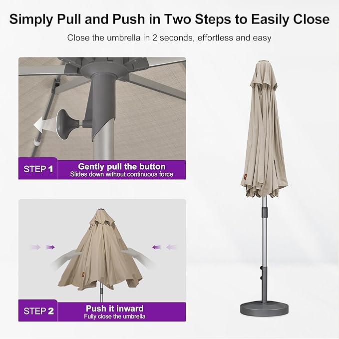 PURPLE LEAF 10 FT Semi-Auto Outdoor Patio Umbrella Market Table Sun Umbrellas with 8 Aluminum Sturdy Ribs for Backyard Deck Garden Pool (Silver Pole Beige Canopy)