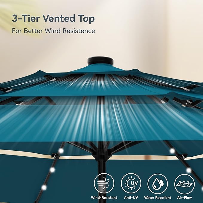 PHI VILLA 10ft Patio Umbrella with Light, Outdoor Large Auto-Tilt 3 Tier Market Table Umbrellas with 8 Sturdy Ribs and 1.5" Pole for Lawn Poolside Garden Terrace, Cyan