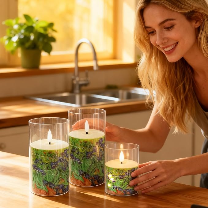 Flickering Flameless Candles, Recessed String Light LED Candles Acrylic Battery Operated LED Pillar Candles with Remote Van Gogh Art Painting Style for Home Decor Set of 3((Irises Printed)