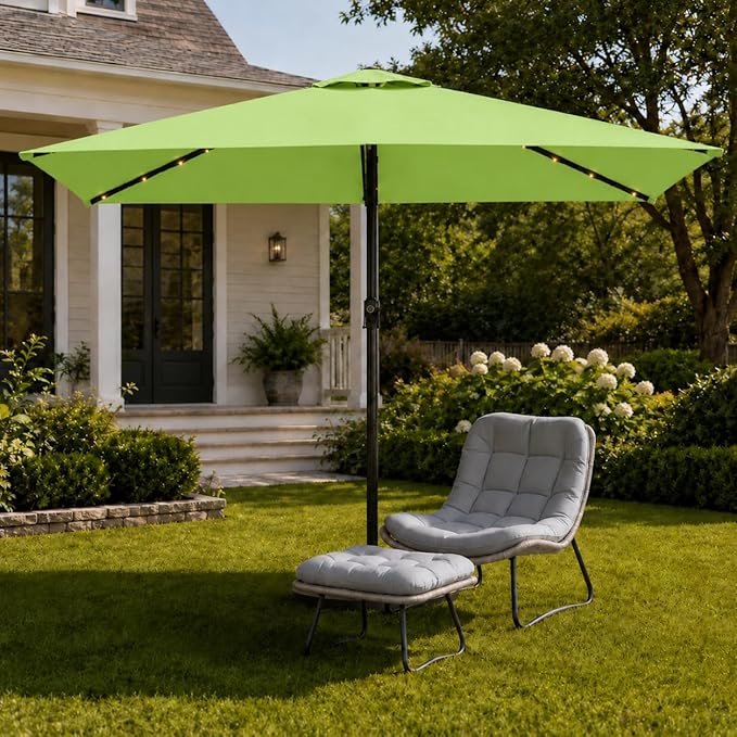 6.5 x 10ft Rectangular Patio Umbrella with Solar Lights, 16 LED Lighted Market Umbrella with Push-Button Tilt and Crank, 6 Sturdy Iron Ribs for Garden, Deck, Pool, Apple Green