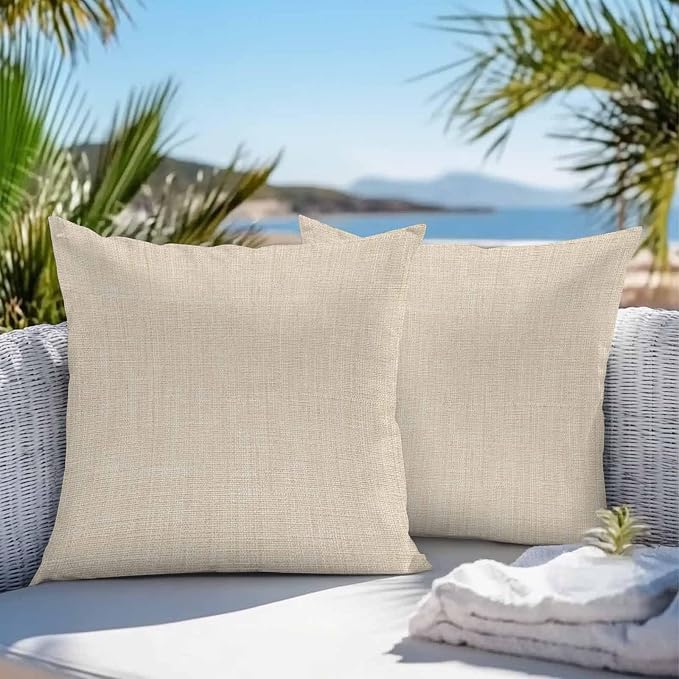 Pack of 2 Waterproof Outdoor Pillow Covers 24x24 Inch Decorative Pillow Covers Vintage Cream Throw Pillowcases Farmhouse Retro Beige Solid Color Outdoor Cushion Cover for Couch, Patio, Tent