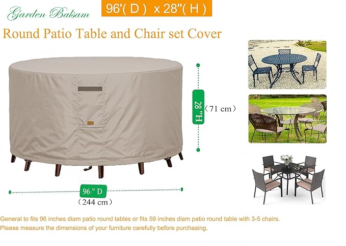 600D Heavy Duty Waterproof Patio Furniture Covers UV Resistant Round Outdoor Table Chair Covers Large Round 96"Diax28"H Beige