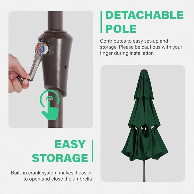 JEAREY 9FT 3 Tier Patio Umbrella Outdoor Market Umbrella Table Umbrellas with 8 Ribs 1.5 Pole Push Button Tilt and Crank UV Protection for Garden,Dark Green