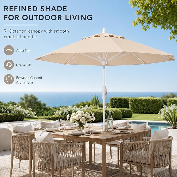 Treasure Garden 9ft Patio Umbrella - Outdoor Furniture Market Umbrella – Deluxe Auto-Tilt – White Aluminum Frame (Sunbrella, Natural)