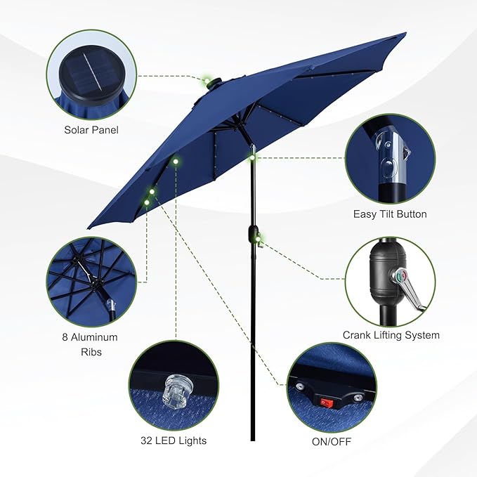 Backyard Expressions 9FT Solar Patio Umbrella with 32 LED Lights, UPF50+ UV Protection, Fade-Resistant Fabric, Easy Tilt & Crank, Outdoor Umbrella for Patio, Deck & Pool (Base Not Included)