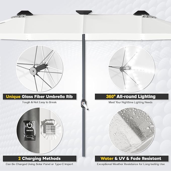 AECOJOY 15ft Double-Sided Patio Umbrella with Solar Lights, Outdoor Rectangle Market Large Patio Umbrella with Base Include|Crank Handle|156 PCS LED Lights for Garden Deck Pool in Beige(1.9" Pole)