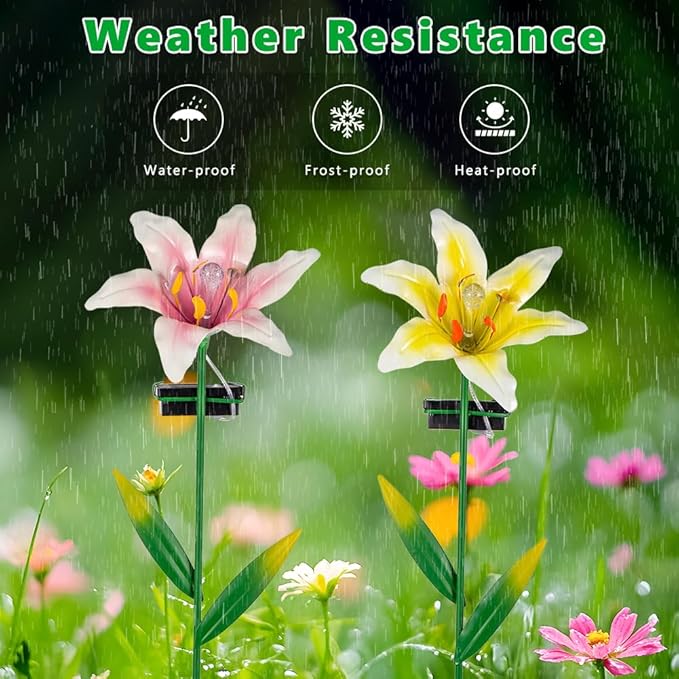 Solar Garden Lights Outdoor,2 Pack Lily Flowes Solar Garden Lights,Waterproof Decorative Metal Flowers Lights for Outside Lawn Patio Pathway