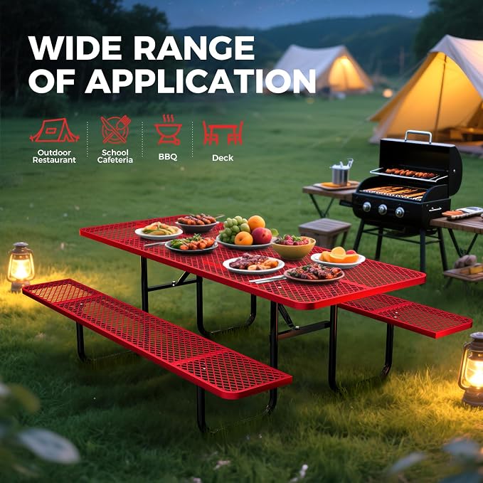72 Inch Heavy Duty Picnic Table for Outdoors, Rectangular Camping Table with Benches and 1.78" Umbrella Hole, Commercial Grade Steel Frame, 2200 lbs Load Capacity, Red