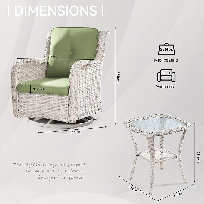 Joyside Outdoor Swivel Rocker Patio Chairs Set of 2 and Matching Side Table - 3 Piece Wicker Patio Bistro Set with Premium & Soft Fabric Cushions(Light Grey/Green)