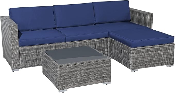 Patiorama 5 Piece Outdoor Patio Furniture Set, Outdoor Sectional Conversation Set, All-Weather Grey PE Wicker w/Navy Blue Cushions, Outdoor Backyard Porch Garden Poolside Balcony Furniture Set
