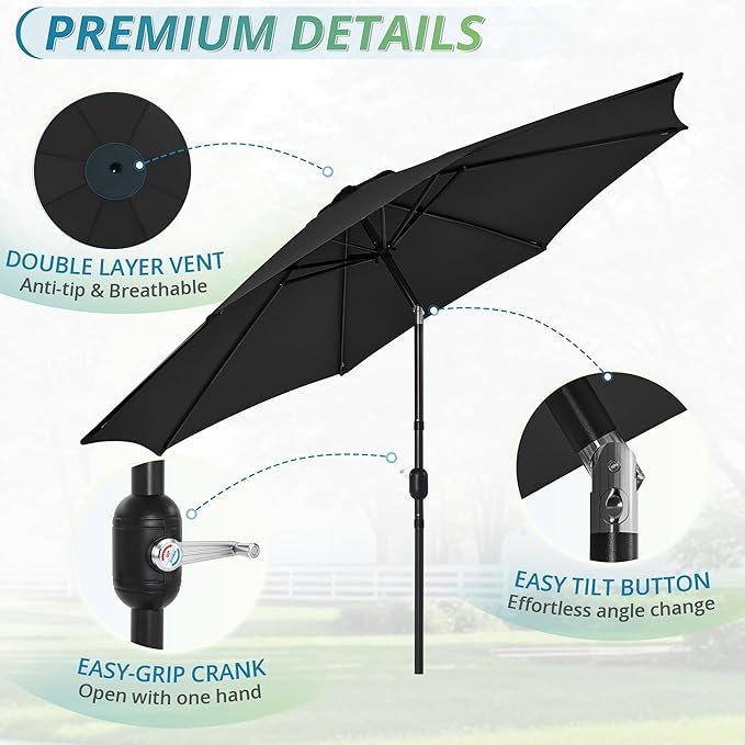 LUE BONA 10FT Patio Umbrella, Waterproof Outdoor Market Umbrella with Easy Crank & Tilt, Patio Table Umbrella for Deck Garden Backyard Pool, Black