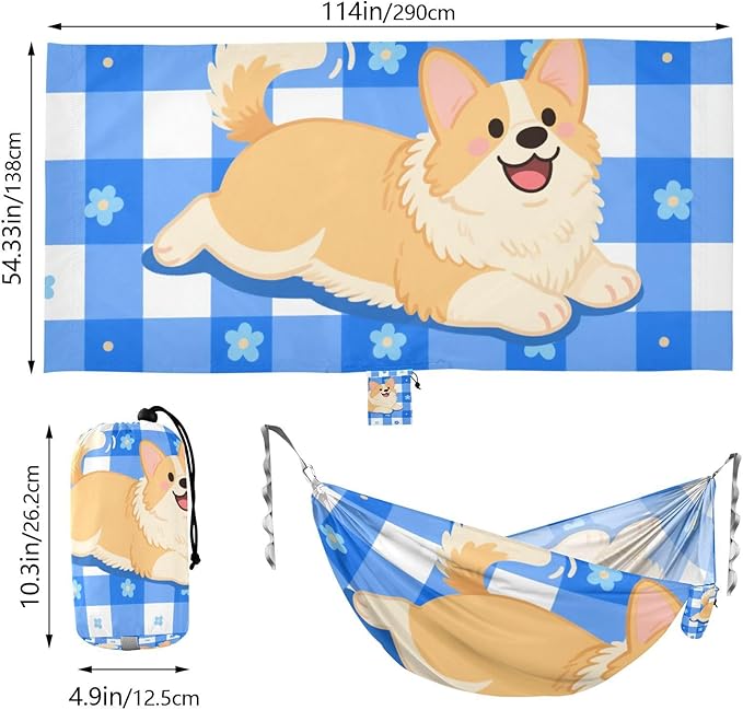 Cartoon Dog Blue White Grid 330lb Capacity Outdoor Hammocks with Portabl Carry Bag Backyard Hammock for Patio Backyard Lounge Base Silla hamacas para adultos