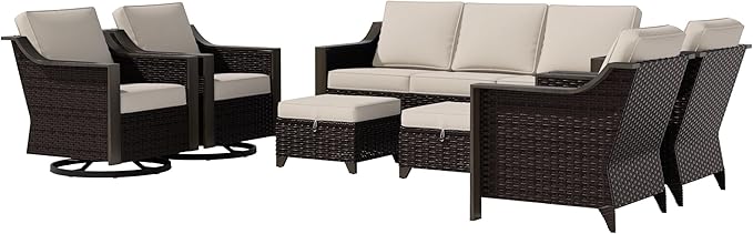 7 PCS Wicker Patio Conversation Set, All-Weather Use Outdoor 2 PE Rattan Swivel Chair, 2 PE Rattan Chair, 2 Ottoman, 1 Patio Sofa, Removable Water-Resistant Cushion, Beige