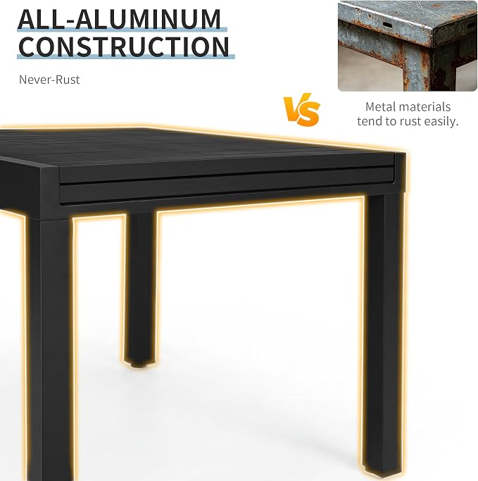 Expandable Patio Dining Table for 4-8 Person, Aluminum Extendable Outdoor Table, 38"-77" Adjustable Patio Table, Square/Rectangular Outdoor Accent Table for Garden, Backyard, Poolside, Black