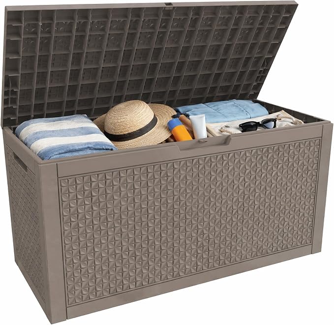 110 Gallon Outdoor Deck Storage Box, Weather Resistant Diamond Weave Lockable Storage Container for Patio, Pool, Backyard Large Volume Outdoor Organization (Grey,110GAL)