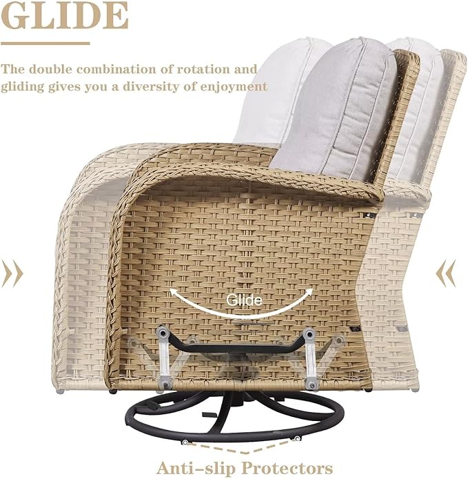 Belord 3PC Patio Furniture Set - Swivel Rocker Chair Bistro Set with Rattan Side Table, Natural Wicker/Beige Cushion