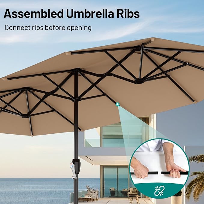 AreShark 15ft Patio Umbrella with Base, Double Sided Outdoor Umbrella with 12 Fiberglass Ribs, Large Outdoor Umbrella for Garden, Pool, Deck, Backyard & Market, Beige