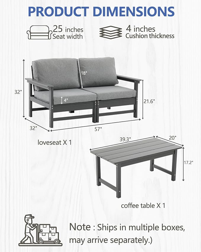 HDPE Outdoor Patio Furniture Set, 3-Piece Sofa Set with Loveseat Couch & Coffee Table, Weatherproof Conversation Set with Cushions, All-Weather Waterproof, for Garden, Porch & Backyard