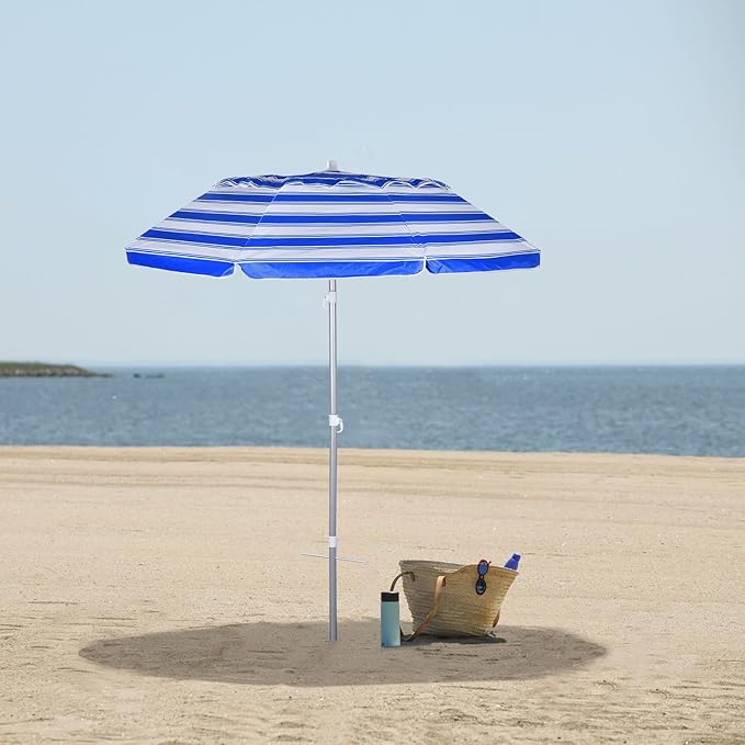 6.5ft folded Portable beach umbrella with sand anchor windproof, Push Button Tilt and Air vent UPF 50+ Protection Fits in a large Suitcase for Patio Garden Beach Pool Backyard, Blue White Stripe
