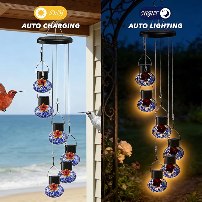 Solar-Powered Hummingbird Feeder with Wind Chime Elegance – 6 Leak-Proof Glass Ports, Frosted Design & Sea Night Lights – Perfect Outdoor Gift for Nature Enthusiasts