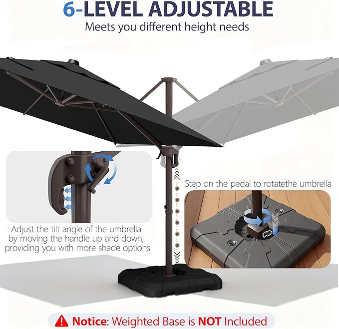 9' X 12' Cantilever Patio Umbrella Rectangle Outdoor Umbrella, 6-Level Tilt & 360° Rotation Offset Umbrella for Garden, Deck, Pool (Black)