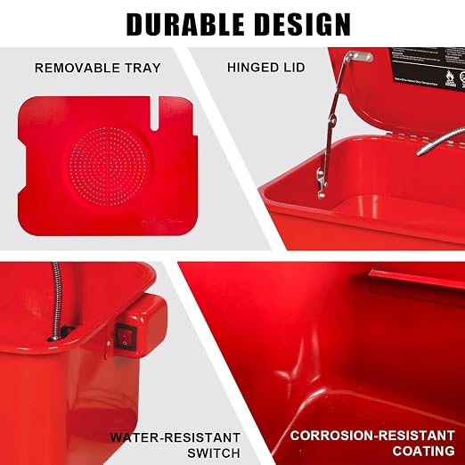 Jack Boss 3.5 Gallon Capacity Portable Steel Cabinet Parts Washer with 110V Electric Pump for Wheel Bearings, Gears, and carburetors, Red