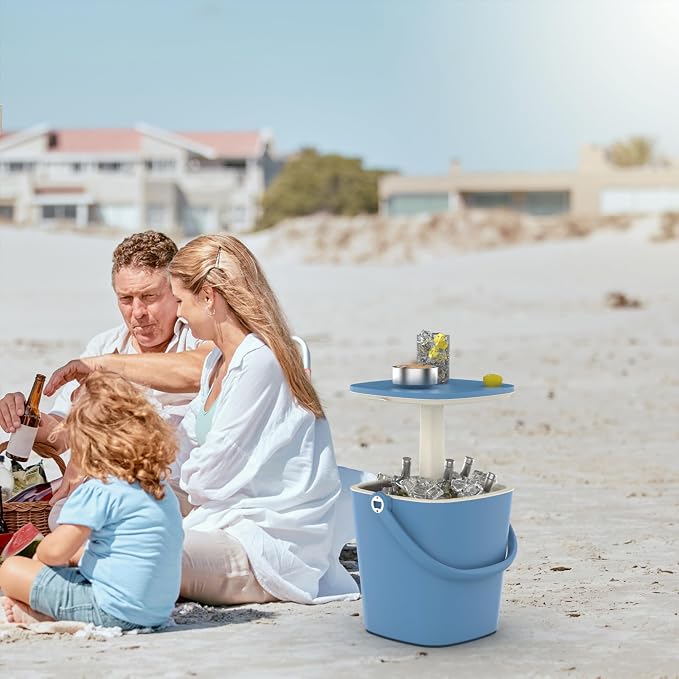 EasyUp Outdoor Cooler Table, 4 Gallon, Portable, with Handle, Bottle Opener, Lift Top Lid, 3-in-1 Ice Cooler, Cocktail Patio Table for Camping, Picnic, Beach, Poolside (Blue)