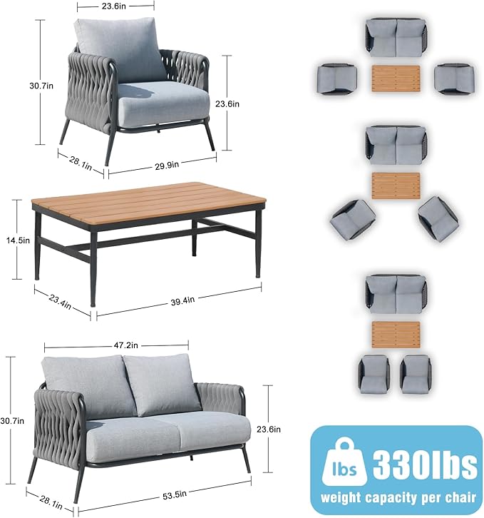 Outdoor Patio Furniture Set, 4/5 Seater Conversation Sofa Set with WPC Coffee Table, Powder-Coated Steel Frame, 6-Inch Thick Polyester Cushions for Garden, Balcony & Backyard (4 Seats)