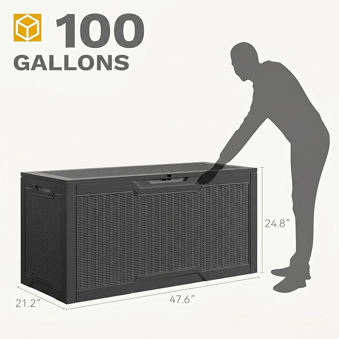 DWVO 100 Gallon Outdoor Storage Box, Large Deck Box Lockable Waterproof and UV Resistant Resin for Gardening Tools, Pool Supplies, Patio Cushions (Black)