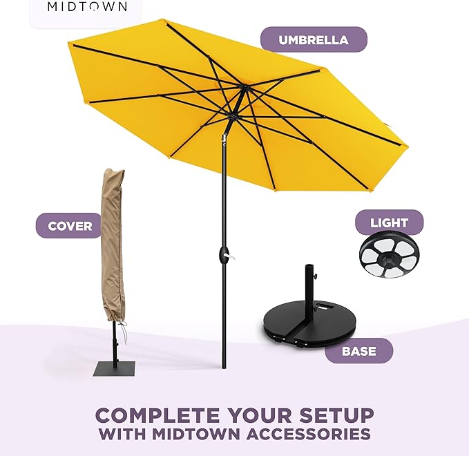 Midtown Umbrellas – The Lean 9 Ft Patio Umbrella with 10-Year-No-Fade Acrylast Acrylic Fabric, Auto-Tilt and 8 Reinforced Ribs for Deck, Pool, Garden, Hotel & Cafes – Studio Yellow Canopy, Black Pole