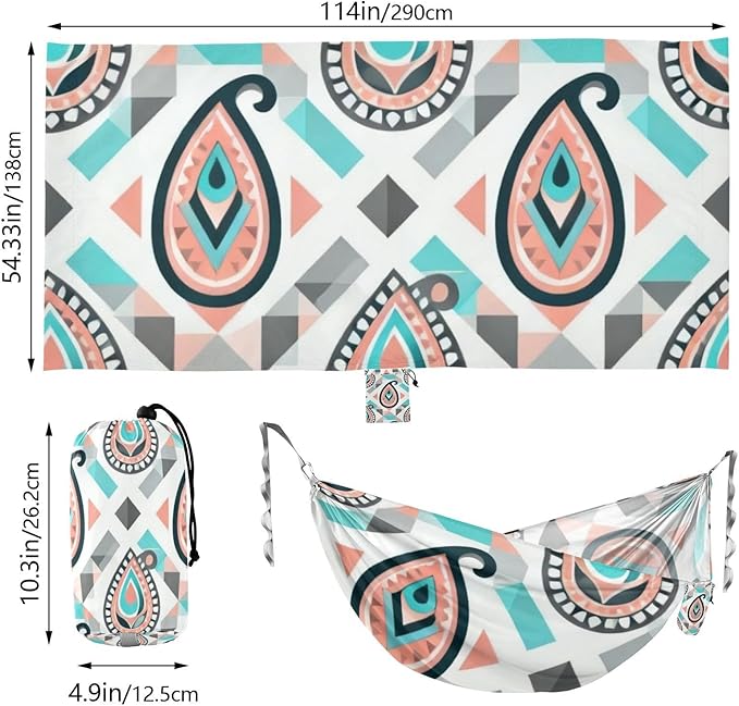 Paisley Geometric Outdoor Hammocks with Tree Straps Fabric Hammock for Camping & Hiking Essential