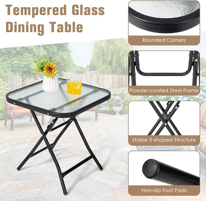 Tangkula Patio Bistro Table, 18" Square Glass Top Side Table with Rustproof Frame, Folding Coffee Table for Patio, Balcony, Backyard, Poolside(Black)