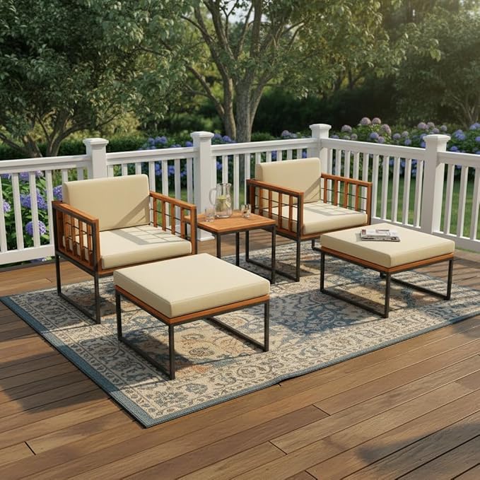 Tangkula 5 Pieces Acacia Wood Patio Furniture Set with Ottomans, Outdoor Conversation Set with Soft Cushions and Coffee Table for Poolside, Garden, Balcony and Backyard (Beige)