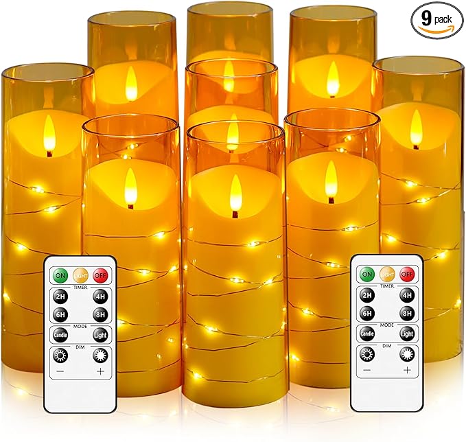 Eebuss Flameless Candles with Embedded Star String, Battery Operated LED Pillar Candles with Timer and Remote Control,Home Decorating for Ambiance， Set of 9 (Gold)