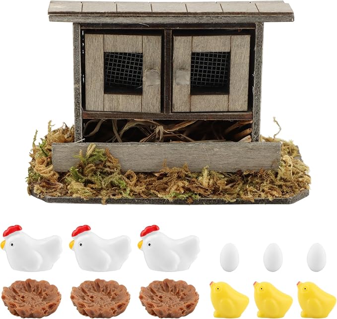 Fairy Garden Mini Chicken Coop Decor, 13-Piece Farm Scene Set | Includes 1 wood coop 3 hens 3 chicks 3 eggs 3 nests, doors open and close, store pieces together to avoid loss