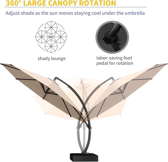 Kingdura Cantilever Patio Umbrella with Double Top Vent, Large Square Aluminum Outdoor Offset Umbrella with 360-degree Rotation, Infinite Tilt, UV Protection for Pool Deck Garden Patio