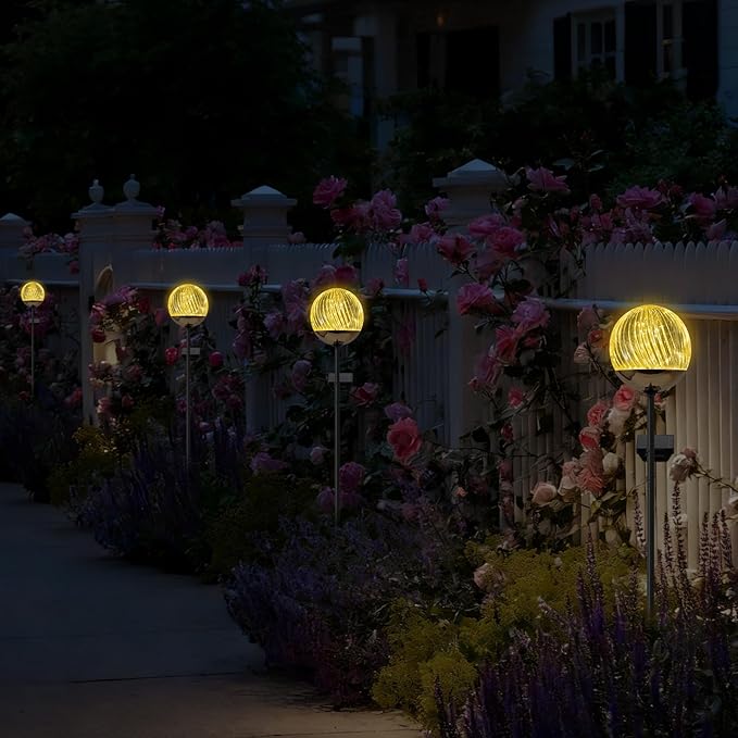 Solar Globe Stake Lights - Outdoor Acrylic Ball Garden Lights with 20 LED, IP44 Waterproof, Auto On/Off, Metal Stake with h-Shaped Ground Spike for Yard, Pathway, Patio Decor (Black stake , 2 pack)