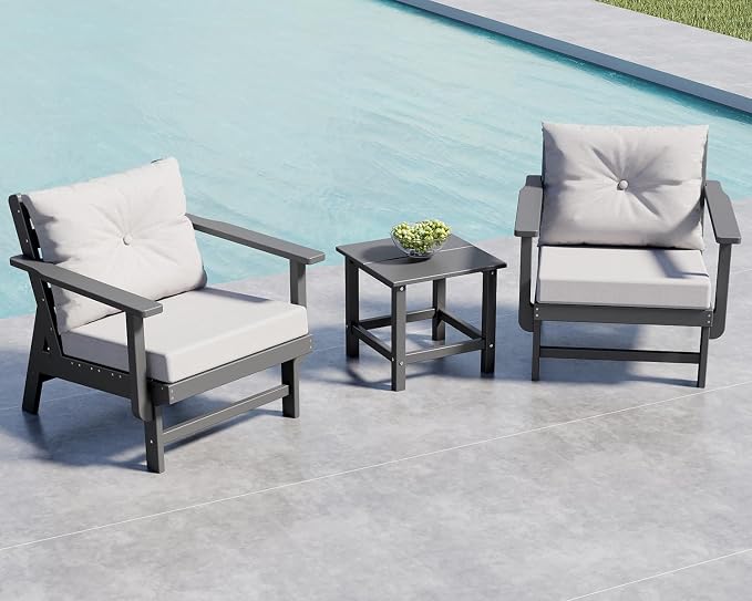 GREENVINES 3-Piece-Patio-Furniture-Set | HDPE Plastic | Outdoor Sectional Conversation Sets | All-Weather Couch | Sofa with Side Table | Detachable Armrests | for Deck Lawn | Gray