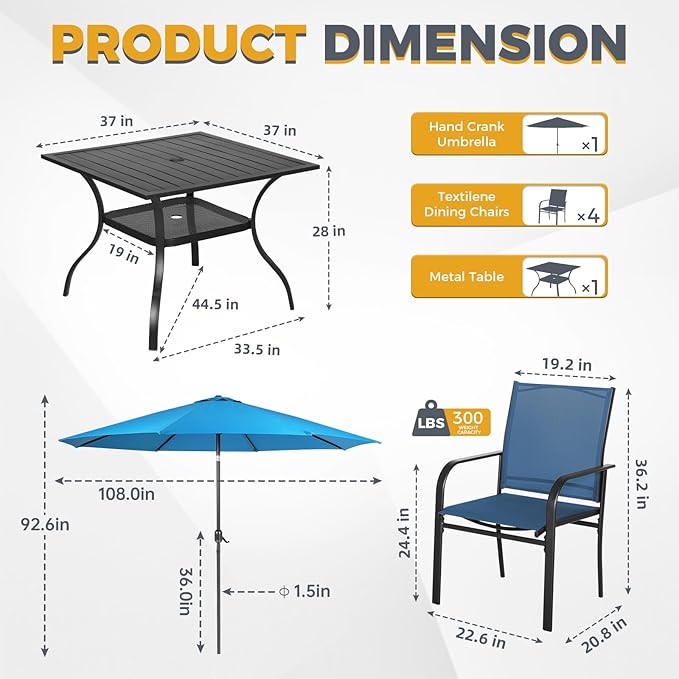 Incbruce 6 Pieces Paito Dining Set with Sky Blue Umbrella, Outdoor Metal Dining Set of 4 Textilene Chairs and Square Table with Umbrella Hole for Garden, Porch and Backyard (Blue)