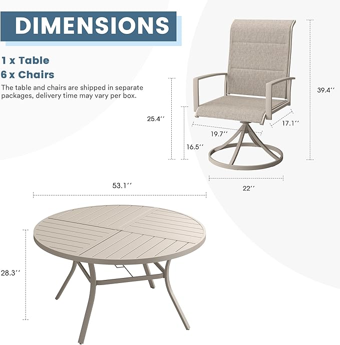 DIFY 7 Pieces Outdoor Patio Dining Set, 6 Sandshell Padded Textilene Swivel Dining Chairs and 53.1" Sandshell Round Metal Dining Table, Outdoor Table and Chairs for Poolside Backyard Deck