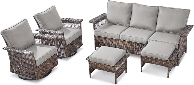 Patio Furniture Set 2 Wicker Swivel Glider Chairs 2 PE Rattan Ottomans with Patio PE Rattan Sofa Brown Wicker Grey Cushions Patio Conversation Set 5pcs for Garden Balcony Backyard