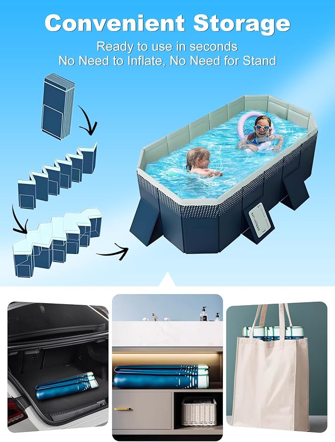 Large Foldable Swimming Kiddie Pool 83" L x 55" W x 22" H – Hard Plastic Square Pool for Kids & Dogs, Reinforced Sidewalls for Backyard Use