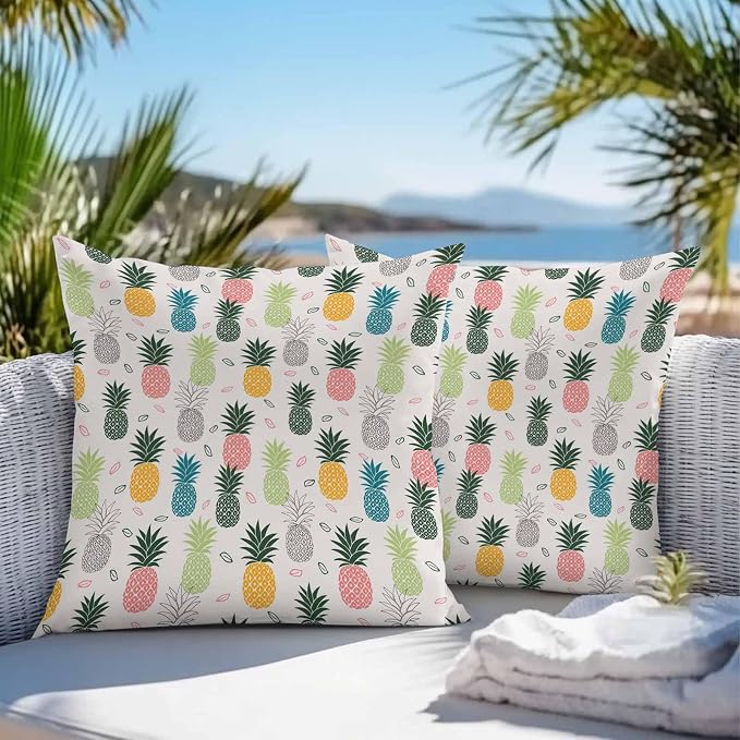Outdoor Waterproof Pillow Covers for Patio Summer Pineapple Decorative Throw Pillow Cover Watercolor Pineapple Fruit Pillowcases Set of 2 Cushion Case for Sofa Couch Chair Home Decor 18 x 18 Inches